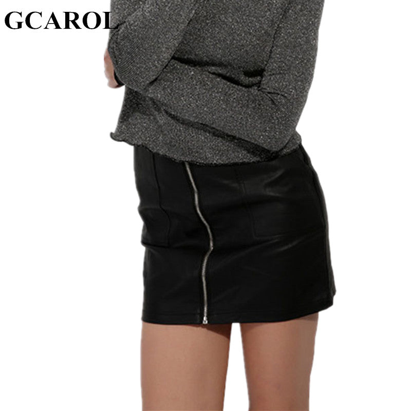 GCAROL Women Zipper Up Faux Leather Skirt Polyester Lining Fashion Sexy PU Mini Skirt With Two Pockets High Quality For 4 Season
