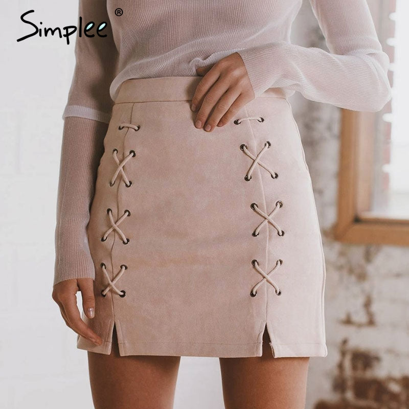 Lace Up Leather Suede Pencil Skirt