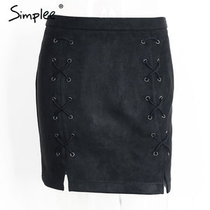 Lace Up Leather Suede Pencil Skirt