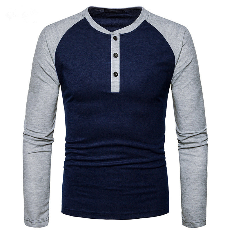 Men T-Shirt 2017 Autumn New Long Sleeve O-Neck T Shirt Men Brand Clothing Fashion Button placket Patchwork Cotton Tees Tops
